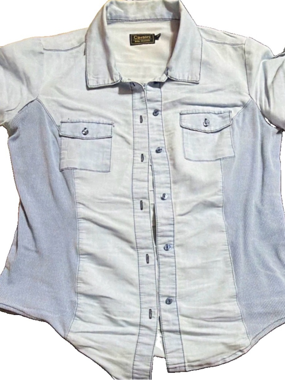 Women’s Cavalini Pale Blue Short Sleeve Button-Down Shirt Size M